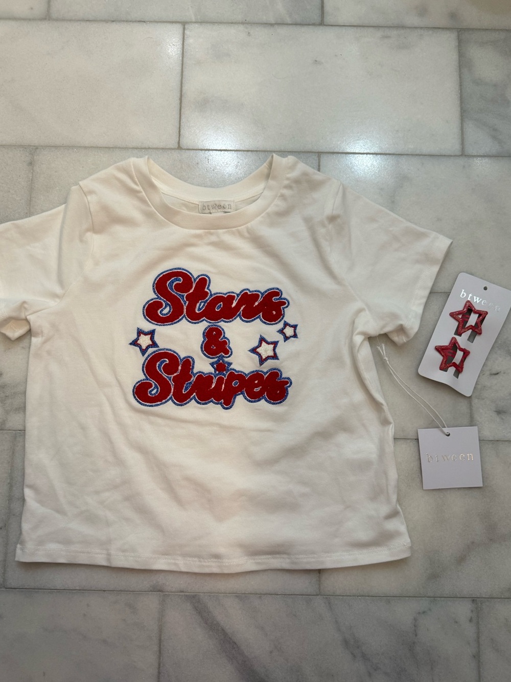 btween White Tee with Red & Blue "Stars & Stripes" Graphic
